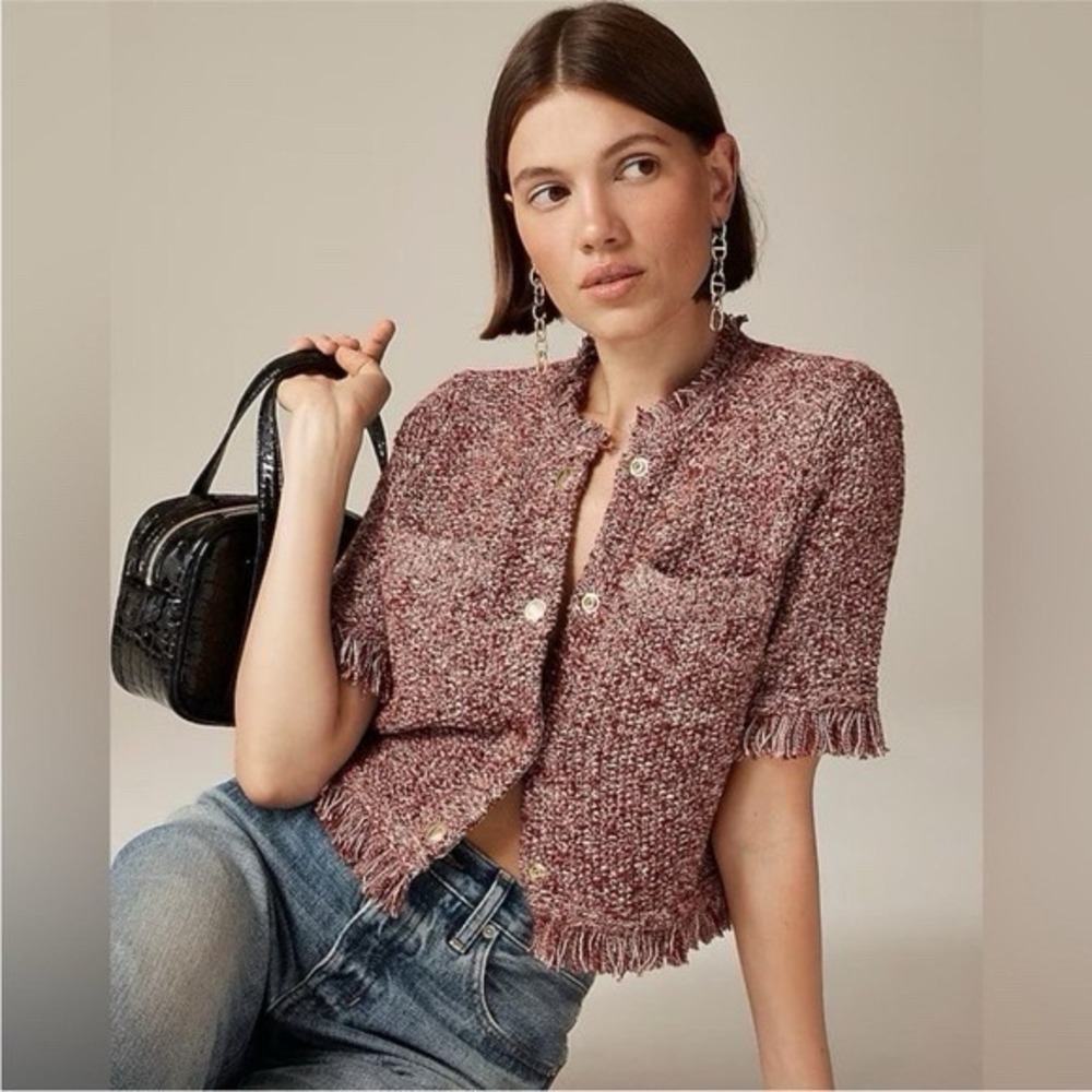 J.Crew Cropped Lady Jacket Marled Tweed Fringe Short Sleeve Burgundy